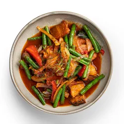 Crispy Pork Belly with Dry Thai Red Curry - stir fried with kaffir lime leave, onion, green beans and Thai sweet basil [GF]
