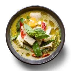 Green Vegetable Curry - traditional curry cooked with pumpkin, green bean, zucchini, capsicum, tofu, mixed vegetable, and sweet basil [GF] - Narai Thai Balwyn Food Image