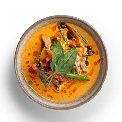 Red Curry - (Gang Dang) traditional curry cooked with pumpkin, green bean, zucchini, capsicum, and Thai sweet basil [GF] - Narai Thai Balwyn Food Image