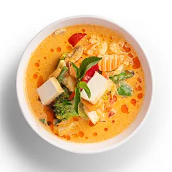 Red Vegetable Curry - traditional curry cooked with pumpkin, green bean, zucchini, capsicum, tofu, mixed vegetable, and sweet basil [GF] - Narai Thai Balwyn Food Image