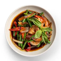 Basil - with red capsicum, green beans, onion, garlic, chilli, and Thai sweet basil in oyster sauce - Narai Thai Balwyn Food Image