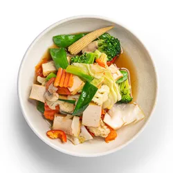 Mix Vegetable - with broccoli, cauliflower, cabbage, Chinese cabbage, carrot, snow peas, mushroom, baby corn, red capsicum, and spring onion in oyster sauce - Narai Thai Balwyn Food Image